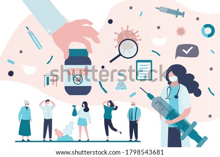 Big hand give vaccine. Group of various people in protective masks. Health care concept. Doctor holds syringe and warns of vaccination against coronavirus. Covid-19 prevention. Vector illustration