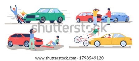 Road traffic accident set, vector flat isolated illustration. Car collision with bike, motorbike, pedestrian, another car. Auto accident, motor vehicle crash, injured cyclist, motorcyclist characters. Royalty-Free Stock Photo #1798549120
