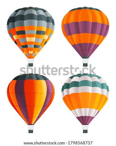 Set of colorful balloon for flights. Hot aircraft. Flying in the clouds on bright airship. Cartoon airy flying hot air machines. Varicoloured stripes aerostats. Balloons festival. Flat image