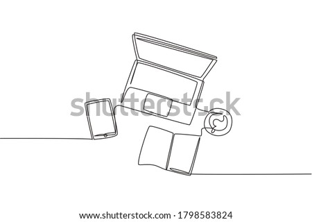 One continuous line drawing of and computer laptop, smartphone, tablet and book a cup of coffee at business office desk from top view. Work space table concept. Single line draw design illustration