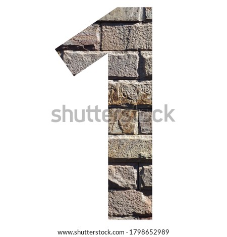 Number character alphabet, text, front 1 Wall brick pattern inside letter isolated on white background