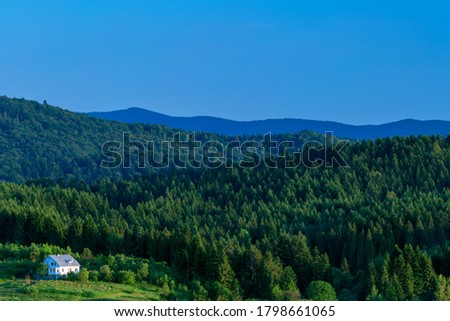 Mountain landscape in summer before sunset, in the foreground on the left a small white house surrounded by Christmas trees .