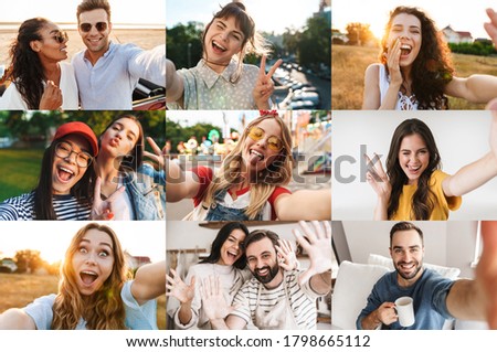 Collage image of different excited multinational people looking at camera
