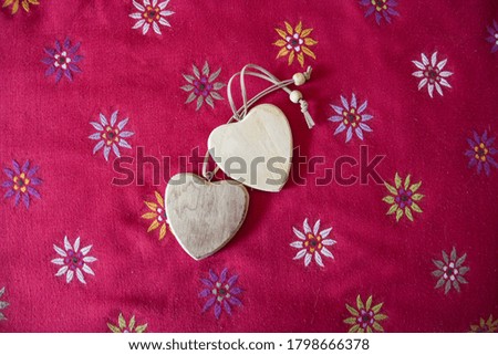two wooden hearts, romantic background, mock up