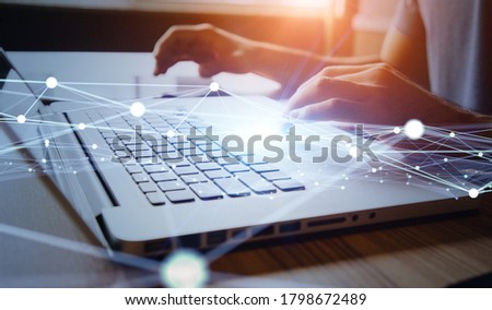 Communication network concept. Laptop PC and communication line. Royalty-Free Stock Photo #1798672489