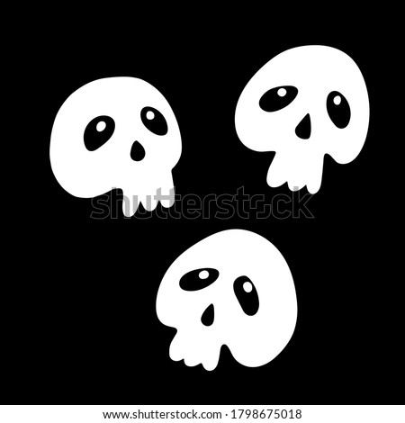 Human funny skulls with eyes doodle set. Hand drawn flat white clip art for halloween postcard poster sticker decoration. Dia de los muertos. Stock vector illustration isolated.