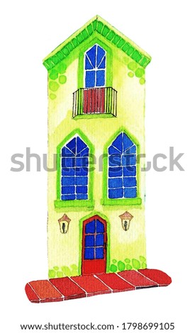 Green house on the street, on a white background. Watercolor. Illustration