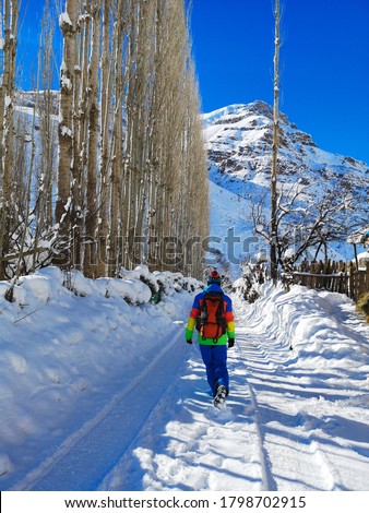 Young skier walking on a snowy road, winter season, white snow, nature and trees
