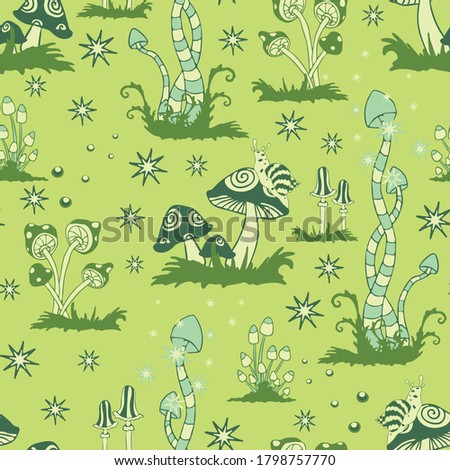 Seamless vector pattern with mushroom forest on green background. Fantasy landscape wallpaper design. Abstract magic fashion textile.