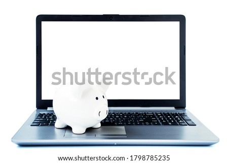 Make money online or internet business concepts. Piggy bank on laptop computer with a blank screen.