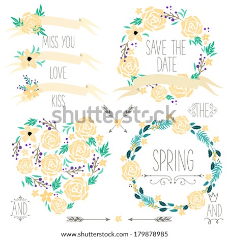 Wedding graphic set, wreath, flowers, arrows, hearts, laurel, ribbons and labels.
