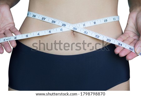 Close up slim fit woman in  waist tape measure with bikini for slimming woman in panties or  weight loss article or diet. Shapely girl concept.
