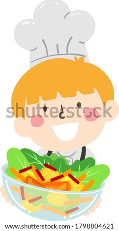 Illustration of a Kid Boy Wearing Chef Hat and Showing a Salad Bowl with Carrots, Tomatoes and Lettuce