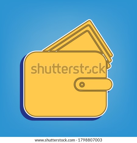 Wallet sign illustration. Golden Icon with White Contour at light blue Background. Illustration.