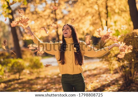 Photo of positive cheerful girl enjoy throw catch autumn air fly maple leaves in city center park woods wear pullover Royalty-Free Stock Photo #1798808725
