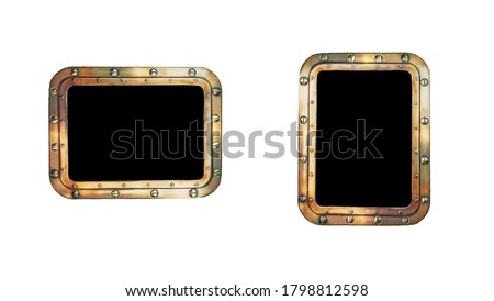 Golden vintage metal frame isolated at white background. Bronze border on the ship porthole with rivets at the old sail vessel as a decor element of window for your marine design. Royalty-Free Stock Photo #1798812598