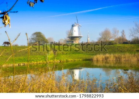 Beautiful landscape in Holland with windmill and a horse, blue sky and green grass in summer season.   