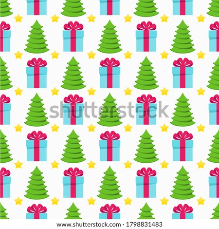 Christmas tree and gifts on a white background. Christmas and new year seamless pattern. Flat vector illustration.