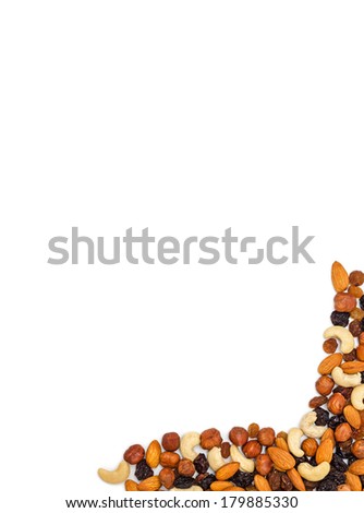 Mixed nuts and dry fruits background. Clipping path.