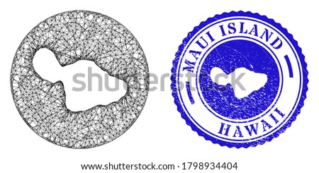 Mesh hole round Maui Island map and scratched seal stamp. Maui Island map is a hole in a circle stamp seal. Web network vector Maui Island map in a circle. Blue rounded scratched seal.