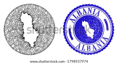 Mesh stencil round Albania map and grunge seal. Albania map is carved in a round seal. Web mesh vector Albania map in a circle. Blue round grunge seal stamp.
