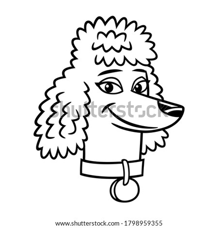 Vector icon of a smiling poodle dog head, white and black with black lines, in a cartoon style, to use like a logo or design element. The dog is a female dog and she is wearing a dog collar.