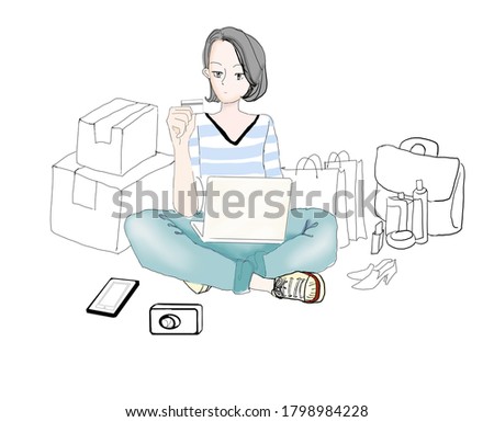Illustration woman is using a laptop to buy products online. Cute lady sitting with a credit card. Sketch drawings  and watercolor painting. Shopping  bag and product doodle style.