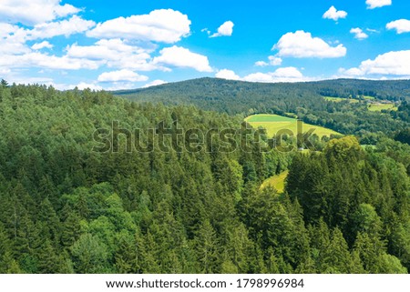 Aerial view, fir trees in a mountainous landscape, Bavarian forest, Germany