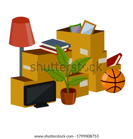 Moving to new house. Cardboard boxes with household items. Pile of Many things. Packed books, TV, lamp, ball and plant. Transportation and relocation. Flat cartoon