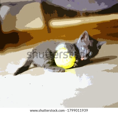 Digital color painting style representing the head of a gray cat puppy playing with a tennis ball