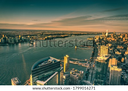 New York City skyline with skyscrapers. Sunset over NY and New Jersey aerial