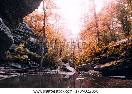 Male photographer stands on a rock to take a photograph at Eden Falls in Lost Valley, Arkansas. Photo edited to look like fall colors. 