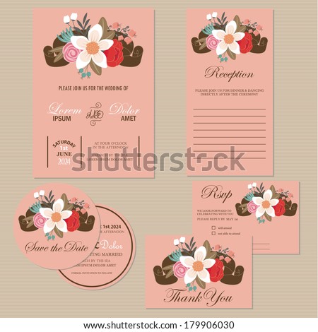 Set of wedding invitation cards (invitation, thank you card, RSVP card, reception, save the date card)