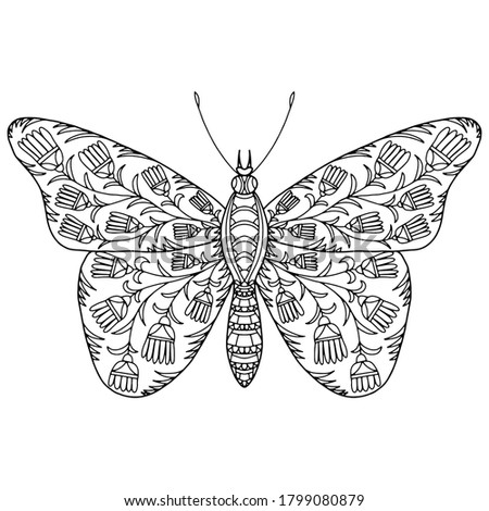 drawn butterfly with folk style flowers and ornaments on a white background for coloring, vector