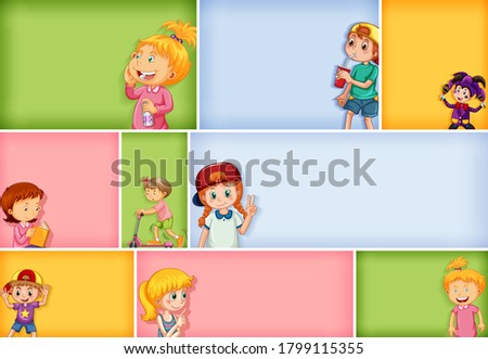 Set of different kid characters on different color background illustration