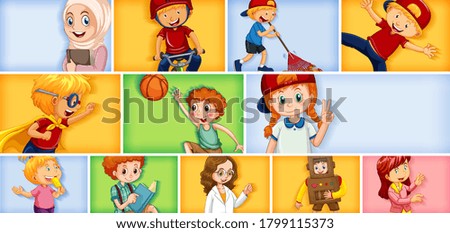 Set of different kid characters on different color background illustration