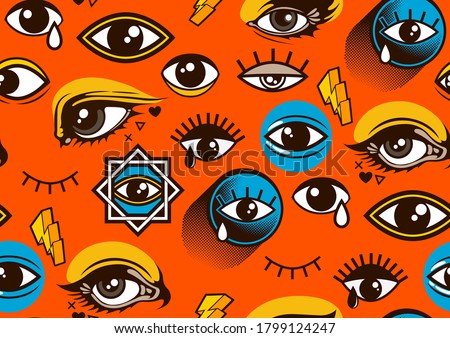 Eyes Seamless pattern, Minimal geometric background for for fashion clothes and Comic style, vector illustration.