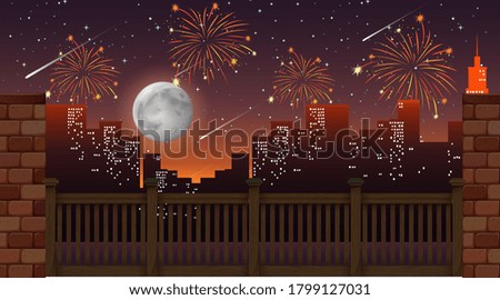 Cityscape with celebration fireworks view from the bridge illustration