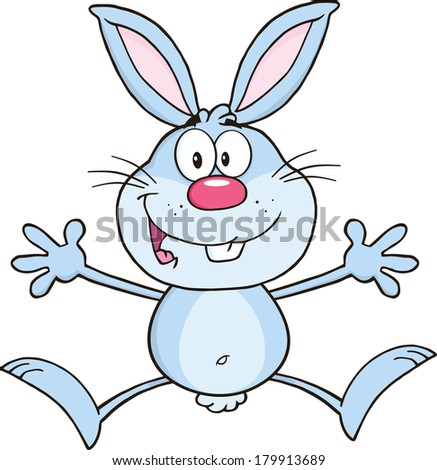 Happy Blue Rabbit Cartoon Character Jumping. Vector Illustration Isolated on white