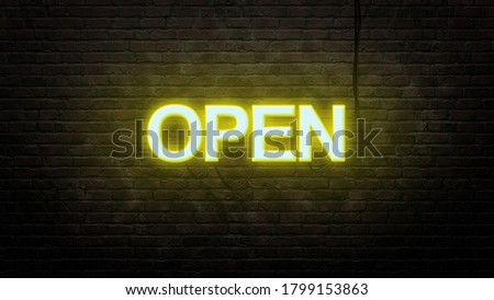 open neon sign emblem in neon style on brick wall background 
