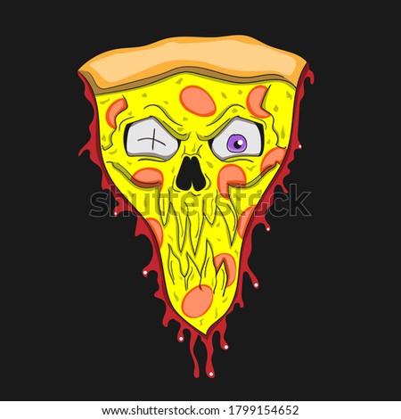 Pizza zombie cartoon character isolated on black background. Vector image eps 10
