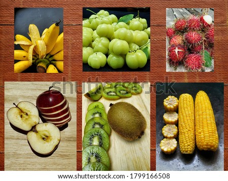 The picture is six colorful fruits, it contains bananas, gooseberries, rambutans, apples, kiwi, corn.