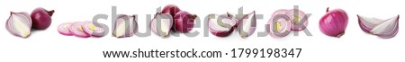 Set of red cut and whole onion on white background. Banner design