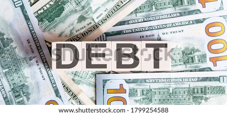 Concept words DEBT on wooden blocks on a beautiful background from dollar bills. Business
