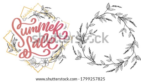 Trendy floral vector template. Summer flowers and Summer sale lettering illustration. Shabby gold texture on striped background.