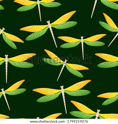 Dragonfly girlish seamless pattern. Summer clothes fabric print with flying adder insects. Close up water dragonfly vector ornament. Fauna beings seamless. Damselfly bugs.
