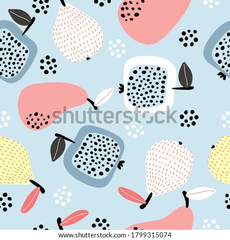
Seamless pattern with cartoon apple, pear, decor elements on a neutral background. fruit theme. vector. hand drawing. design for fabric, print, wrapper, textile
