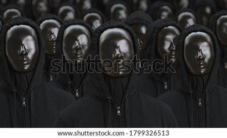 Unknown people wearing black masks and dark clothes raise their heads. Anonymosity, identity or equality concepts Royalty-Free Stock Photo #1799326513