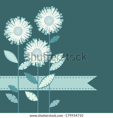 Blue background with flower, leaves, ribbon. Invitation and greeting card with bunch of chrysanthemums. Geometric illustration with text box for print, web
