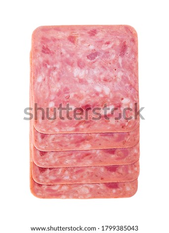 Appetizing pork ham thinly sliced. Isolated over white background